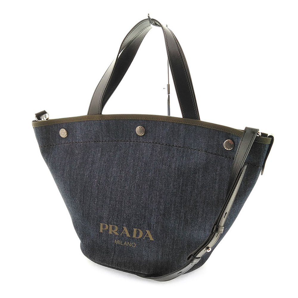 Prada Denim Leather Tote Bag Navy Khaki Shoulder